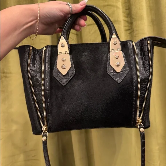 Henri Bendel Pony Hair Zipper & Croc Embossed Crossbody Handbag - Picture 1 of 10